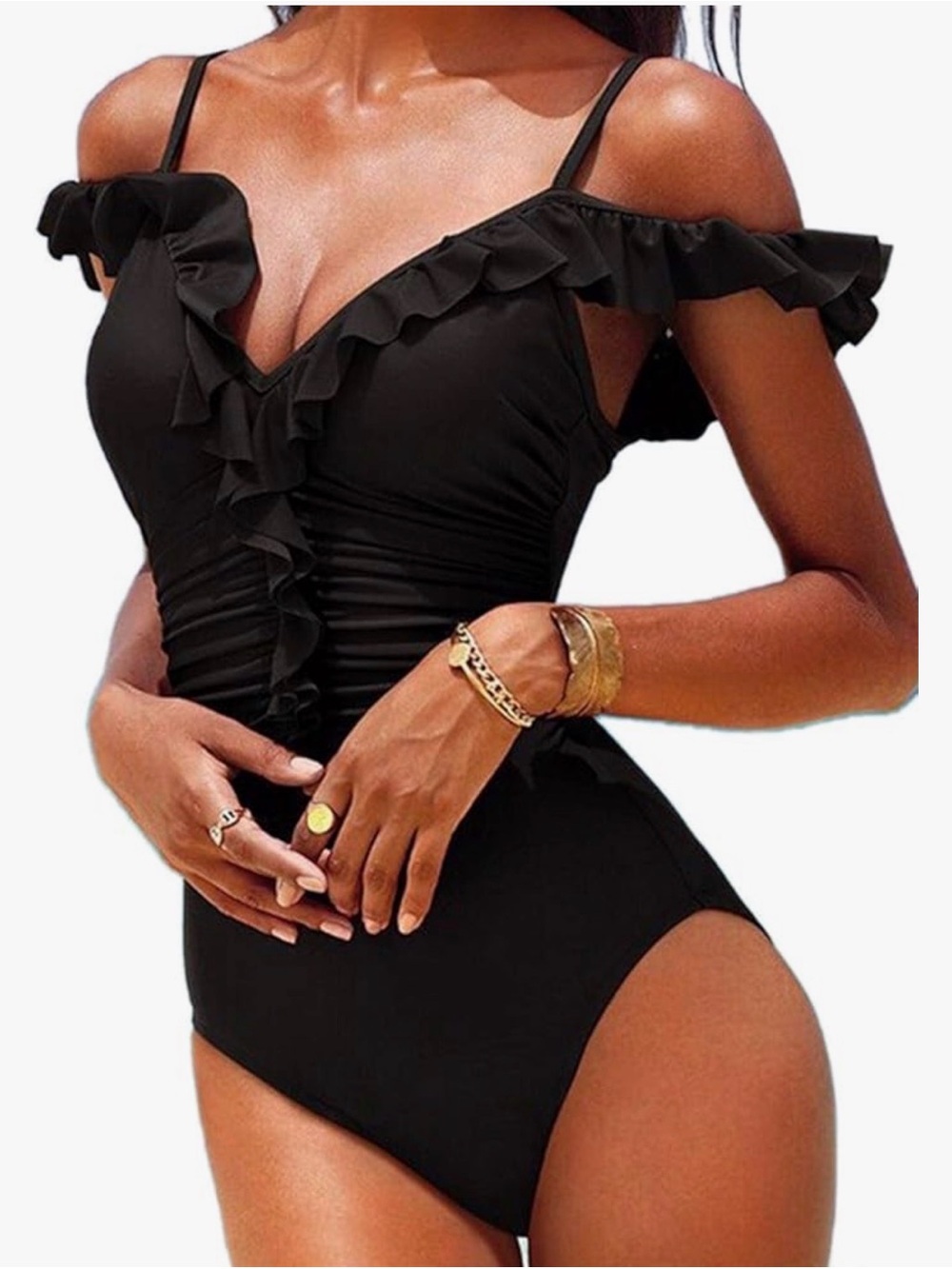 Blooming Jelly Black Off Shoulder One Piece Swimsuit Size Medium